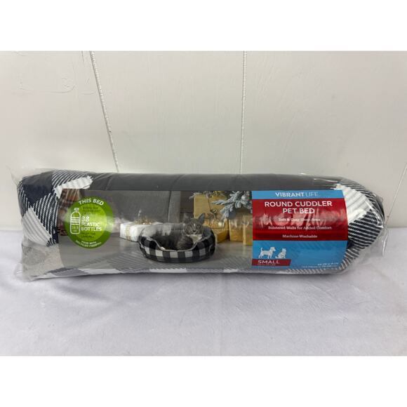 Vibrant Life Round Cuddler Small Dog / Cat Bed Black and White Plaid 19"x6", NIB - Picture 7 of 7